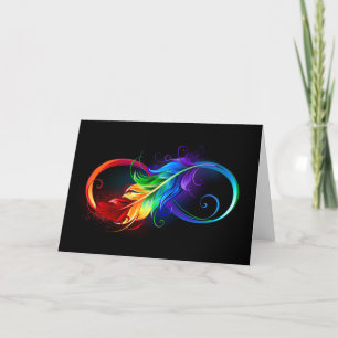 Tarjeta Festiva Símbolo infinito con plumas arcoiris