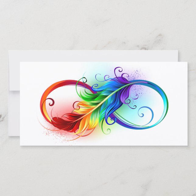 Tarjeta Festiva Símbolo infinito con plumas arcoiris (Anverso)