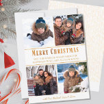 Tarjeta Festiva Simple 4 Photo Collage White Gold Merry Christmas<br><div class="desc">Simple and elegant 4 photo holiday card for you to personalize. The photo template is set up for you to add 4 of your favorite picture, which are displayed in square / instagram format. You can also edit the festive message and add your name(s). Your photos are backed with a...</div>