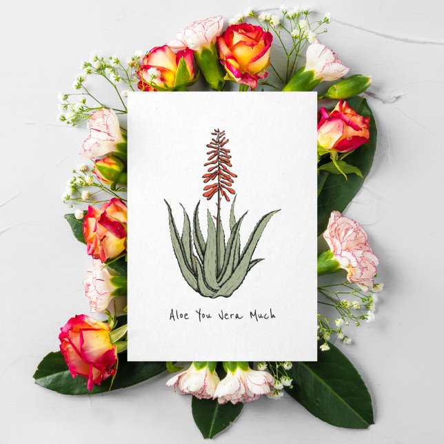 Tarjeta Festiva Simple Aloe You Vera Mucho Blank Cactus Plant Art (Hand-Drawn Cactus Plant Art in Green & Orange Hues. Valentines Day, Birthday, Anniversary, Love)