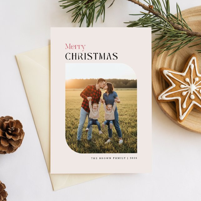 Tarjeta Festiva Simple Arch Photo Family Name Christmas Wishes (Subido por el creador)