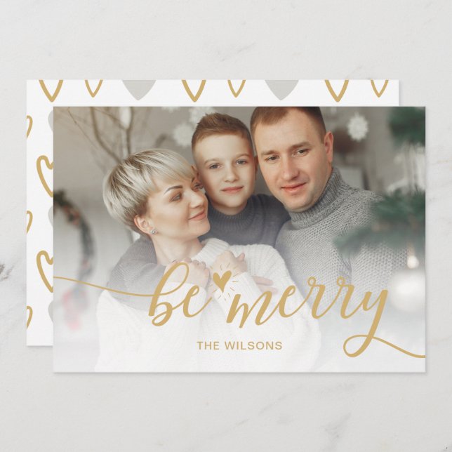 Tarjeta Festiva Simple Be Merry Script Hearts Cute Gold Photo (Anverso / Reverso)
