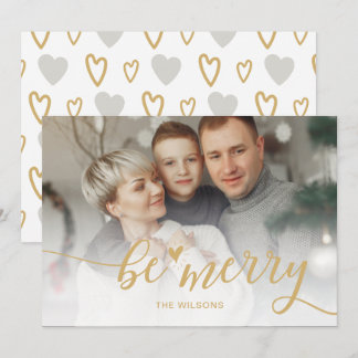 Tarjeta Festiva Simple Be Merry Script Hearts Cute Gold Photo