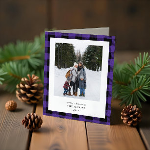 Tarjeta Festiva Simple Bordado de Cuadros Morado y Negro de Navida