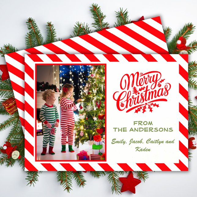 Tarjeta Festiva Simple Candy Cane a rayas Fotos navideñas de merry (Simple Candy Cane Striped Merry Christmas Photo Holiday Card)