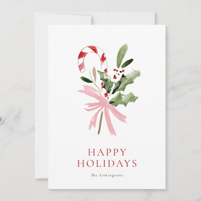 Tarjeta Festiva Simple Candy Cane Holly & Bow No Photo (Anverso)