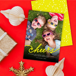 Tarjeta Festiva Simple Cheque amarillo neón foto guión de caligraf