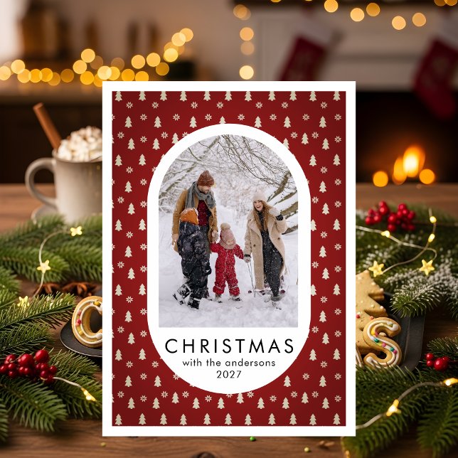 Tarjeta Festiva Simple Christmas Pine Tree Pattern family photo (Subido por el creador)
