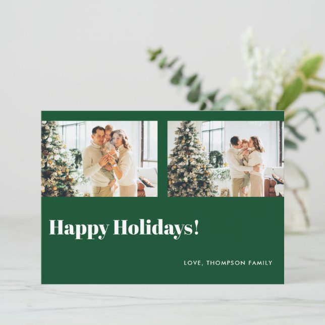 Tarjeta Festiva Simple Classic Green Photo Happy Holidays (Anverso de pie)