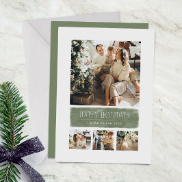 Tarjeta Festiva Simple Collage Navideño en Acuarela Verde Salvia