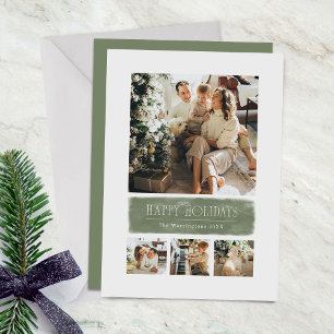 Tarjeta Festiva Simple Collage Navideño en Acuarela Verde Salvia