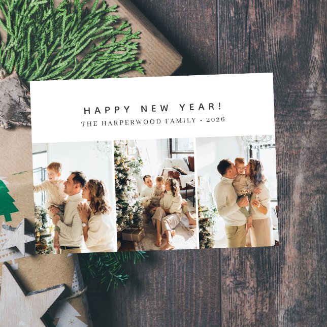 Tarjeta Festiva Simple Elegant Modern Happy New Year Three Photo (Subido por el creador)