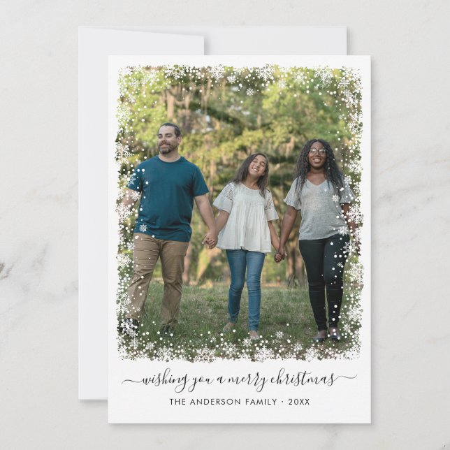 Tarjeta Festiva Simple Fotos de guión de nieve con nieve navideña  (Anverso)