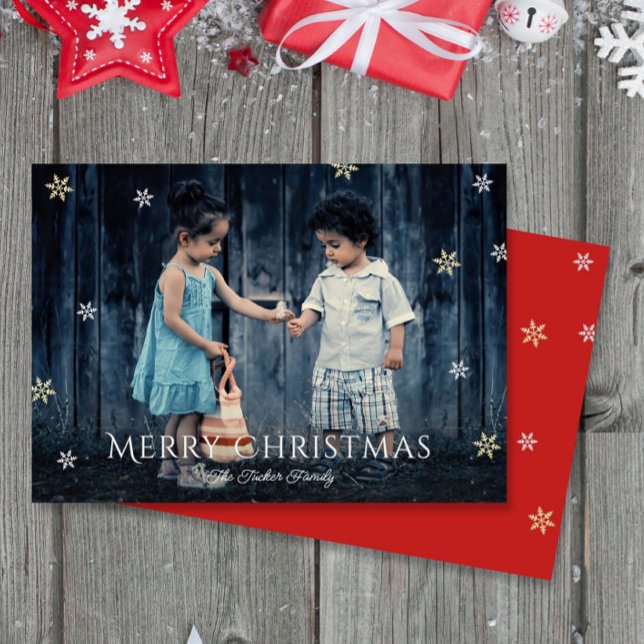 Tarjeta Festiva Simple Gold Snowflakes Flat Photo Christmas Card (Subido por el creador)