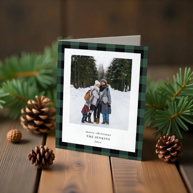 Tarjeta Festiva Simple Green Black Plaid Border 3 Photo Christmas (Subido por el creador)