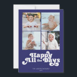 Tarjeta Festiva Simple Hanukkah Cuatro Foto<br><div class="desc">Estas tarjetas de felicitación planas Hanukkah de 5" x 7" presentan un diseño minimalista con el saludo "Happy All the Days" (Feliz todos los días) en letras blancas sobre un fondo azul real con marcadores de posición para cuatro (4) de tus fotos favoritas,  nombres de familia y año.</div>