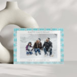 Tarjeta Festiva Simple Hanukkah Menorah en foto de Personalizado a<br><div class="desc">Patrón menorah lindo en azul verde azulado y gris para Hanukkah,  personalizado con tu nombre,  saludo y foto.</div>