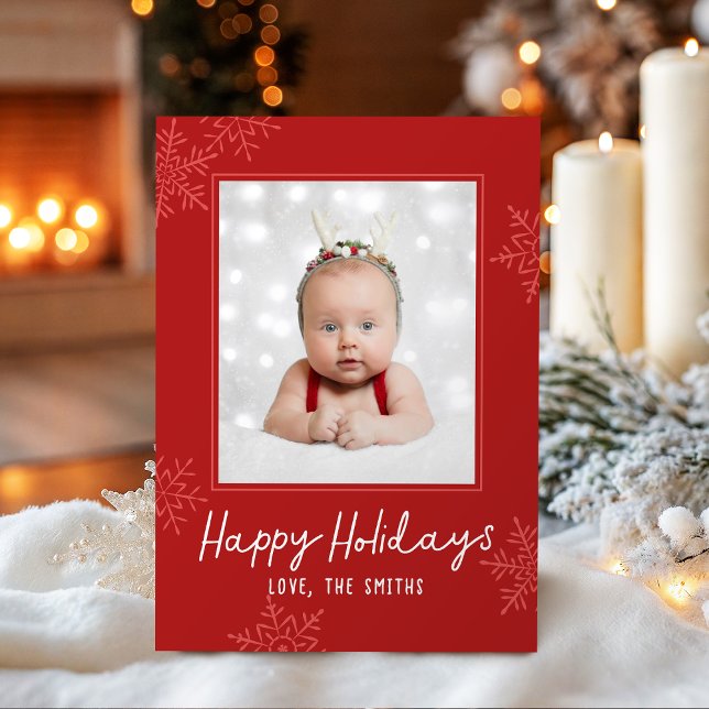 Tarjeta Festiva Simple Happy Holidays Script Snowflakes Photo (Simple Happy Holidays Script Snowflakes Photo Holiday Card)