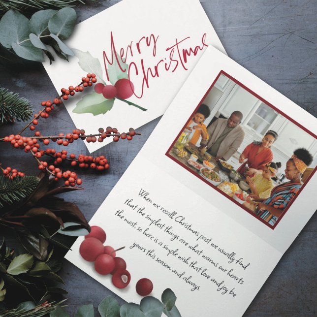 Tarjeta Festiva Simple Holly Merry Christmas Watercolor Photo (Subido por el creador)