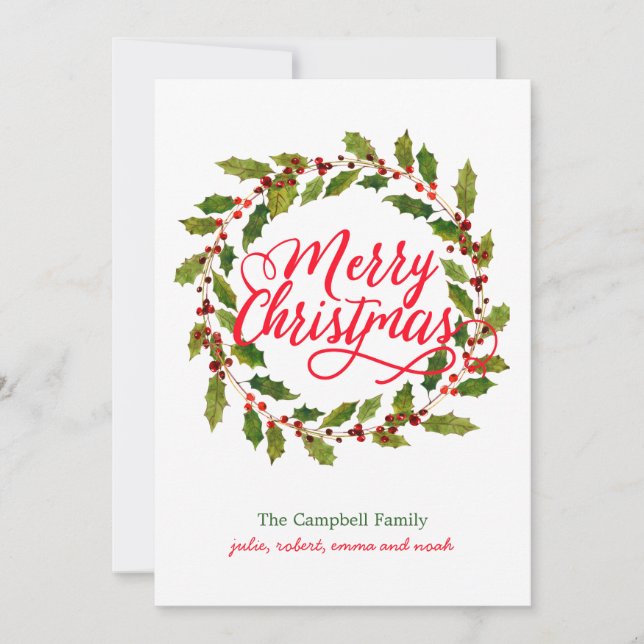 Tarjeta Festiva Simple Holly Wreath Modern (Anverso)