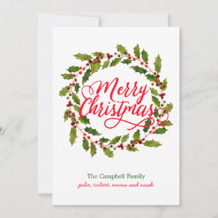 Tarjeta Festiva Simple Holly Wreath Modern