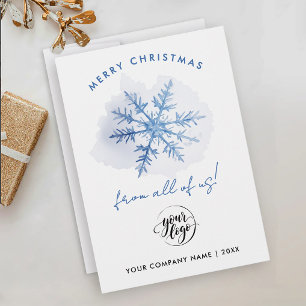 Tarjeta Festiva Simple Logo Azul Copo de Nieve Acuarela