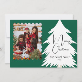 Tarjeta Festiva Simple Merry Christmas Pine Tree family photo