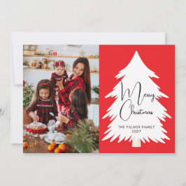 Tarjeta Festiva Simple Merry Christmas Pine Tree family photo