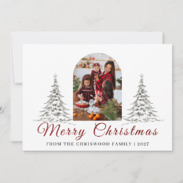 Tarjeta Festiva Simple Merry Christmas Pine Tree family photo