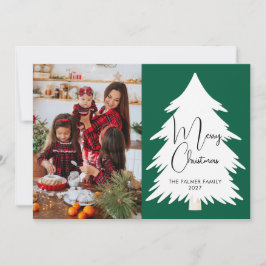 Tarjeta Festiva Simple Merry Christmas Pine Tree family photo