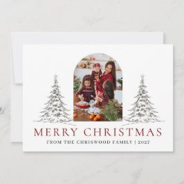Tarjeta Festiva Simple Merry Christmas Pine Tree family photo