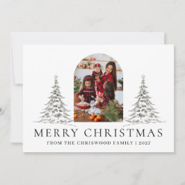 Tarjeta Festiva Simple Merry Christmas Pine Tree family photo