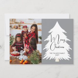 Tarjeta Festiva Simple Merry Christmas Pine Tree family photo