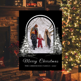 Tarjeta Festiva Simple Merry Christmas Pine Tree family photo
