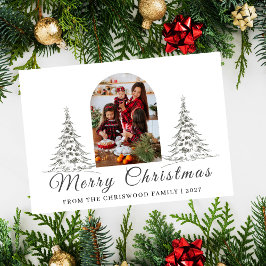 Tarjeta Festiva Simple Merry Christmas Pine Tree family photo