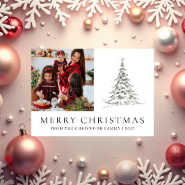 Tarjeta Festiva Simple Merry Christmas Pine Tree family photo
