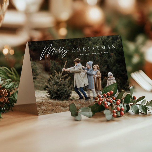 Tarjeta Festiva Simple Merry Christmas Script 3 Photo (Modern Merry Christmas 3 Photo Holiday Cards.)
