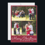 Tarjeta Festiva Simple Merry Christmas Script 4 Collage de fotos<br><div class="desc">El diseño presenta 'Feliz Navidad' en una tipografía de escritura moderna en un patrón de berry rojo y dorado. Personalízalo con 4 fotos de tu familia y tu apellido delante. Fotografía © Storytree Studios,  Stanford,  CA</div>