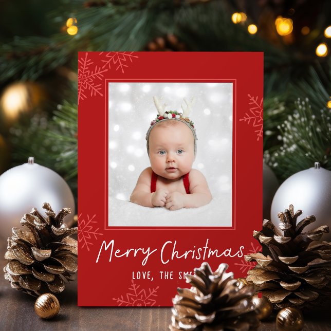 Tarjeta Festiva Simple Merry Christmas Script Snowflakes Photo (Simple Merry Christmas Script Snowflakes Photo Holiday Card)