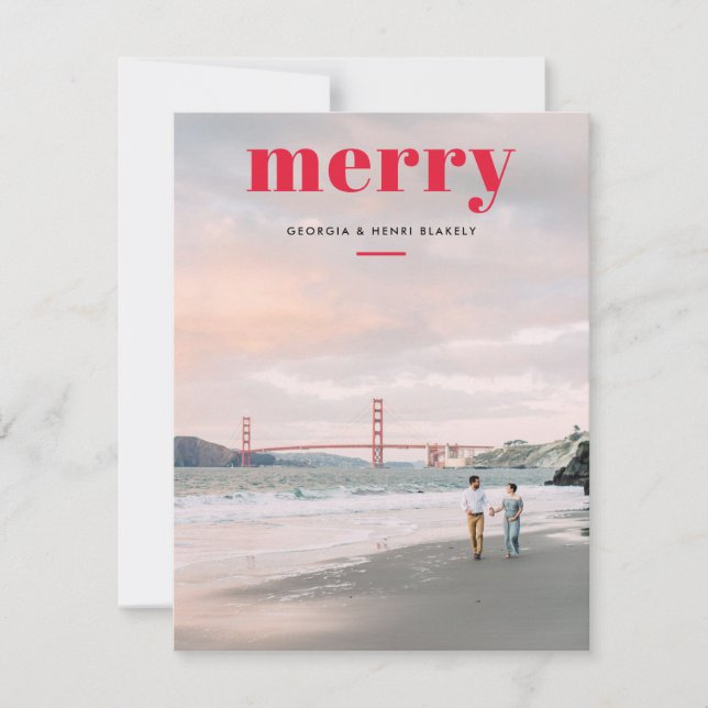 Tarjeta Festiva Simple Merry Red Overlay One Photo Navidades (Anverso)