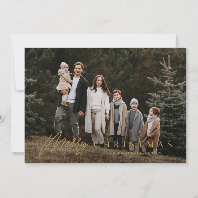 Tarjeta Festiva Simple Merry Script 3 Navidades fotográficos (Anverso)