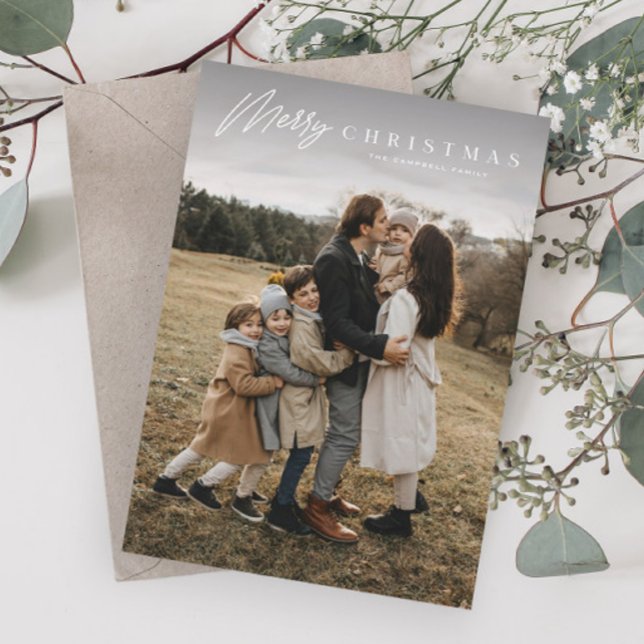 Tarjeta Festiva Simple Merry Script 3 Navidades fotográficos (Simple script merry christmas photo holiday cards.)