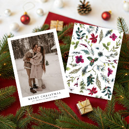 Tarjeta Festiva Simple Minimal 1 Photo Botanical Merry Christmas