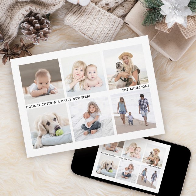 Tarjeta Festiva Simple Modern 6 Photo Collage Black and White (Subido por el creador)