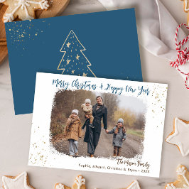 Tarjeta Festiva Simple Modern Blue Gold Glitter Christmas Photo