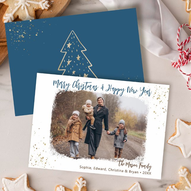 Tarjeta Festiva Simple Modern Blue Gold Glitter Christmas Photo (Subido por el creador)
