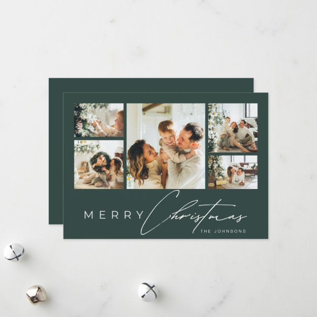 Tarjeta Festiva Simple Modern Script Photo Collage Green Christmas (Anverso/Reverso In Situ)