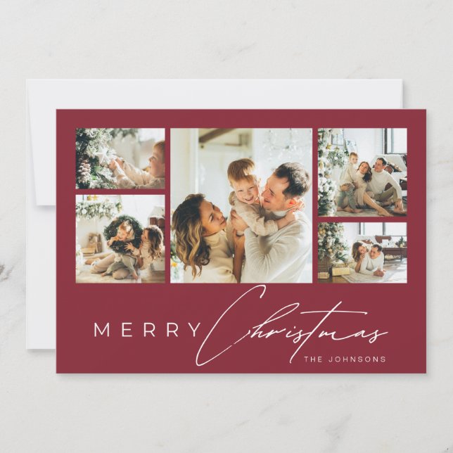 Tarjeta Festiva Simple Modern Script Photo Collage Red Christmas (Anverso)