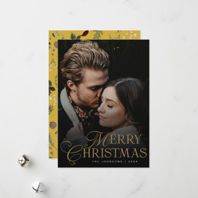 Tarjeta Festiva Simple Modern Typography 1 Photo Gold Christmas (Anverso/Reverso In Situ)