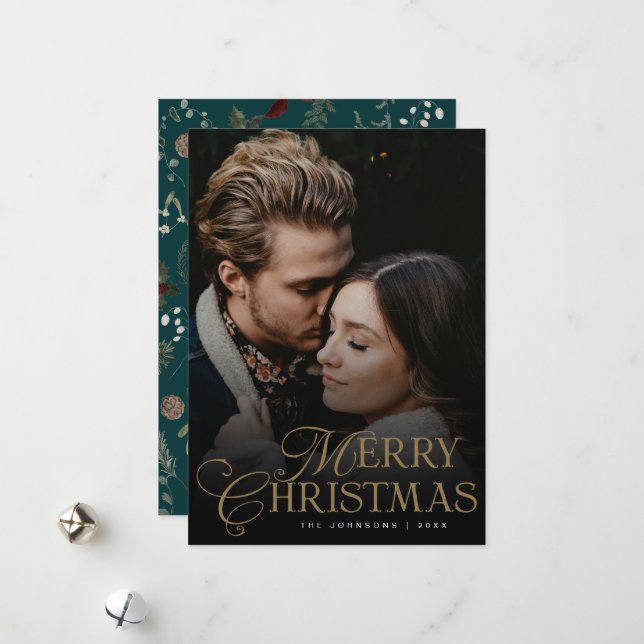 Tarjeta Festiva Simple Modern Typography 1 Photo Green Christmas (Anverso/Reverso In Situ)